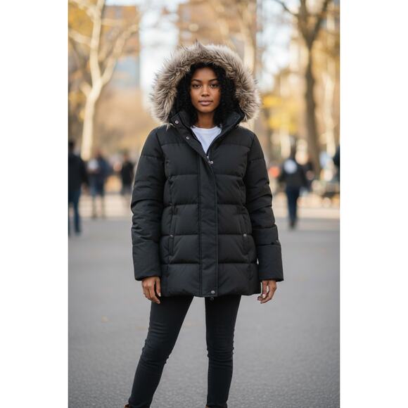 Jones New York Puffer Coat Women 8 Black Hooded Jacket Faux Fur Trim - Picture 1 of 7